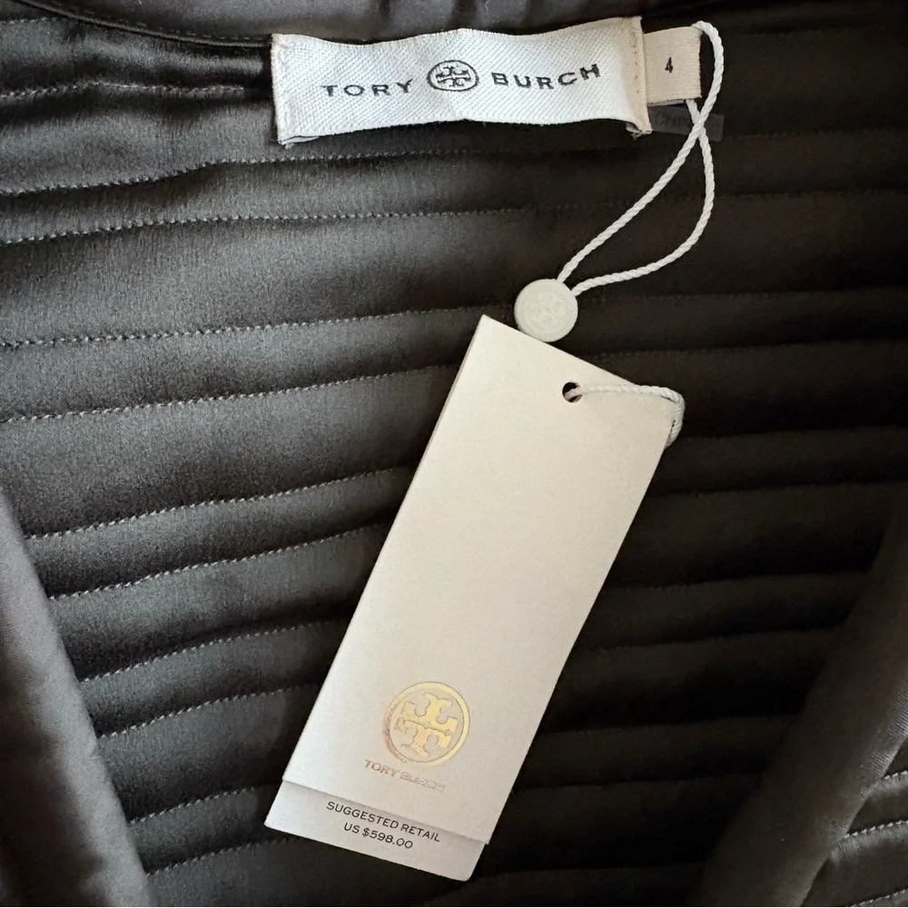 TORY BURCH Quilted Satin Midnight Green Golden Tie Closure Vest NWT Size 4